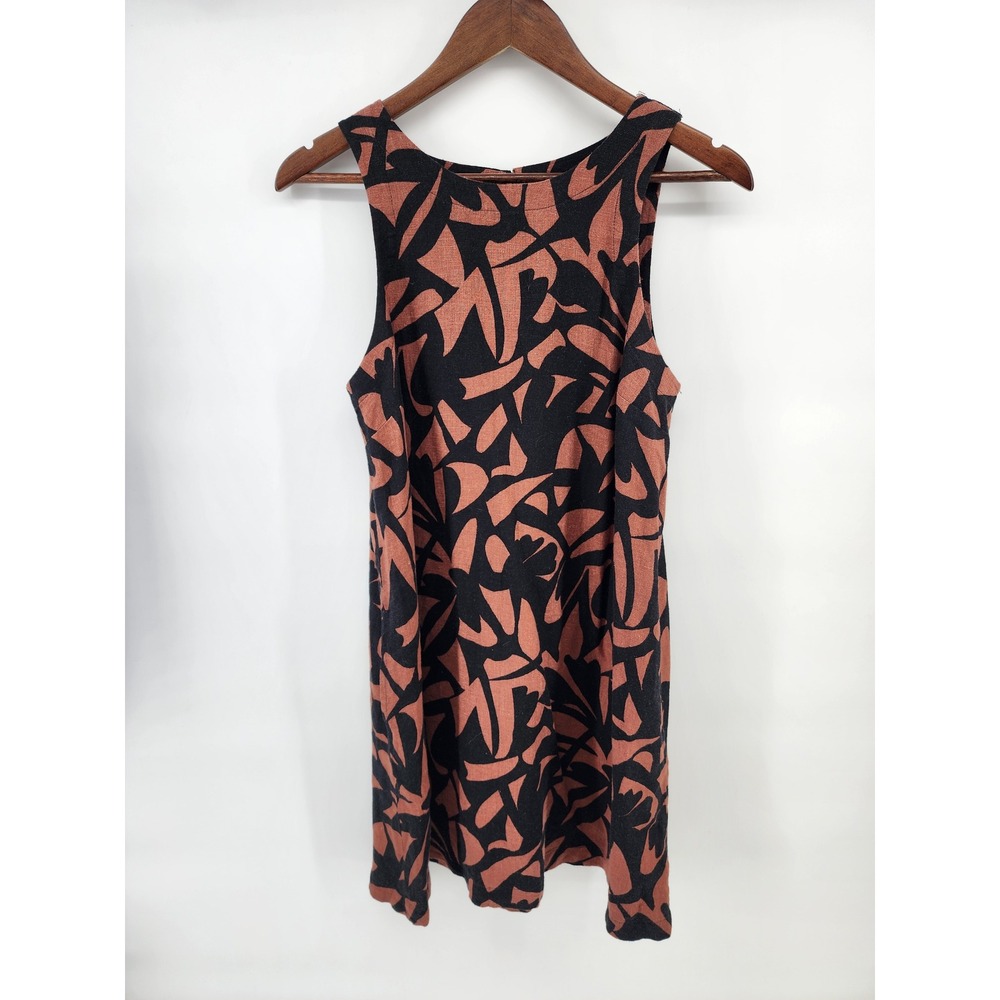 A New Day Womens Small Brown Black Abstract Geometric Linen Blend Shift Dress